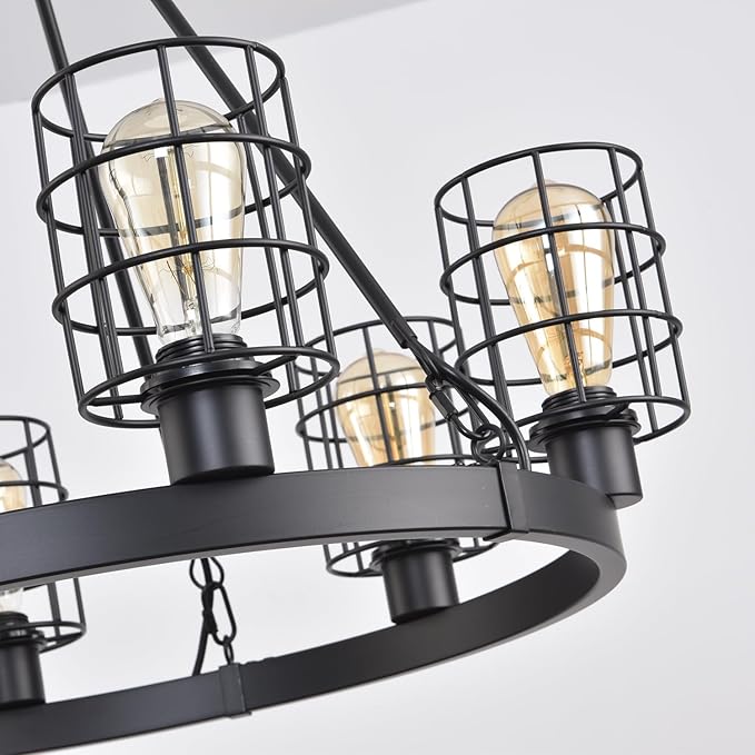 Wagon Wheel Chandelier Modern Farmhouse Pendant Light,Black Farmhouse Chandelier, 6-Light Wagon Wheel Chandelier with Adjustable Height, Dining Room Light Fixture, Hanging Lights
