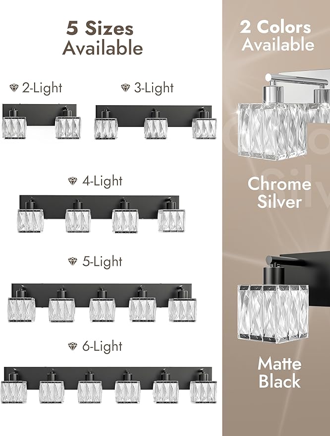 VOLISUN Black Bathroom Light Fixtures, Modern Bathroom Lighting Fixtures Over Mirror, 4 Light Bathrooms Vanity Light, Crystal Vanity Light for Bathrooms-UL Certificated(Exclude Bulb)