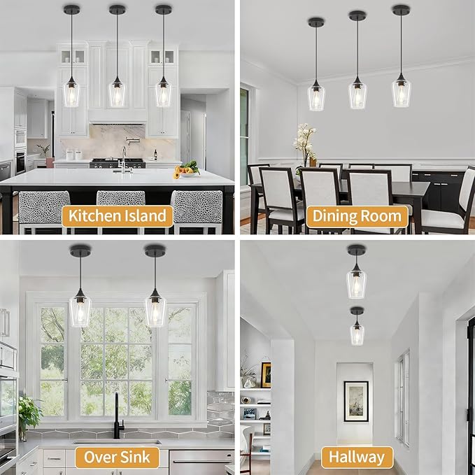 2-Pack Black Pendant Lights Kitchen Island, Modern Glass Pendant Lighting Over Island Kitchen Hanging Light Fixtures Hallway Pendant Lights for Bathroom Dining Room Entryway Foyer Bedroom