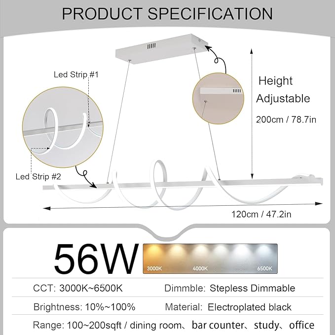 Led Chandeliers for Dining Room,Modern Led Pendant Light Fixture, Dimmable Adjustable Height Music Note Shape Hanging Lamp with Remote Control White Iron Ceiling Light Fixture for Kitchen Island