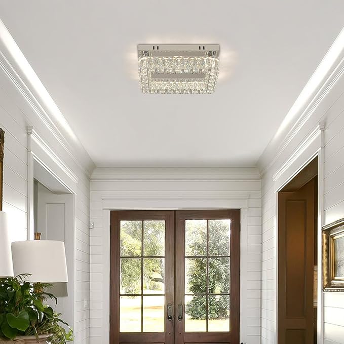 Finktonglan Modern Crystal Flush Mount Ceiling Light, 11.8" Rectangular Dimmable LED Ceiling Fixture with Multi-Faceted Crystal Prisms, 18W Low Profile for Bedroom Hallway Entryway