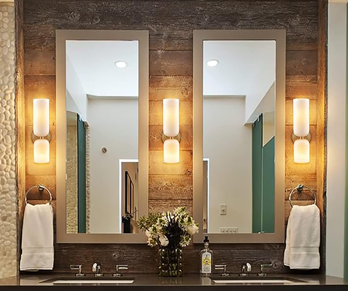 DEYNITE Gold Wall Sconces Set of Two 2-Light Modern Wall Light 3.93"(W)*14.2"(H) Bathroom Vanity Light Milky White Glass