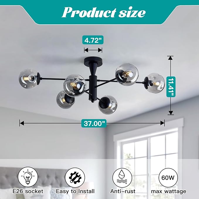 hesoge Modern Sputnik Ceiling Lights Black Semi Flush Mount Ceiling Fixture with Glass Globes 6 Light Chandelier for Dining Room Bedroom Living Room Kitchen Farmhouse.