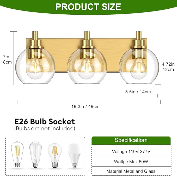 IZORRO Bathroom Light Fixtures, 3 Light Brushed Gold Vanity Light, Modern Wall Sconces with Globe Clear Glass Shade, Vanity Lighting Fixtures Over Mirror,E26 Bulb Socket