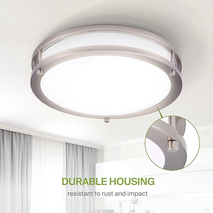 ASD LED 12" Round Flush Mount Lighting, Close to Ceiling Light Fixture | 3CCT, Dimmable, Energy Star, ETL Listed | 20W 1532LM 3000-5000K 120V | Low Profile Double Ring Lamp | Nickel, 4 Pack