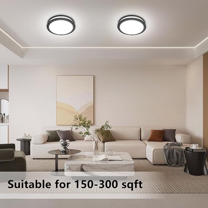 OOWOLF 4-Pack 13inch Flush Mount LED Ceiling Light Fixture, 5CCT 36W 3600LM, 3000K 3500K 4000K 5000K 6000K 5 Color Selectable Dimmable Ceiling Lamp, Black Ceiling Light for Kitchen Bedroom Bathroom