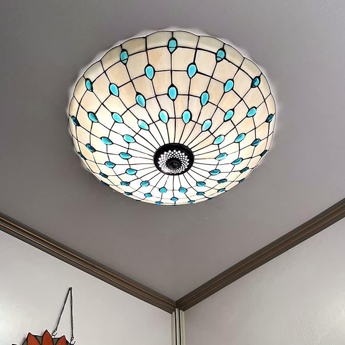 Tiffany Flush Mounts Ceiling Lights,Peacock Blue Crystal Beads Stained Glass Lampshade Ceiling Lamp for Kitchen Dining Room Livingroom Bedroom Ceiling Chandeliers Pendant Light,Blue,21in