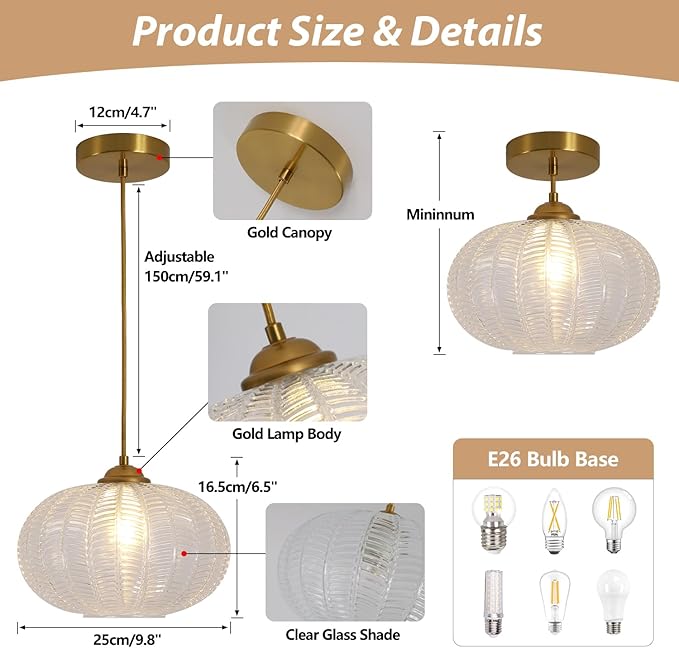 KCO Lighting Clear Ribbed Glass Pendant Light Vintage Brass Gold Pendant Lighting Large Globe Pendant Lights Kitchen Island Mid Century Modern Hanging Light for Living Room