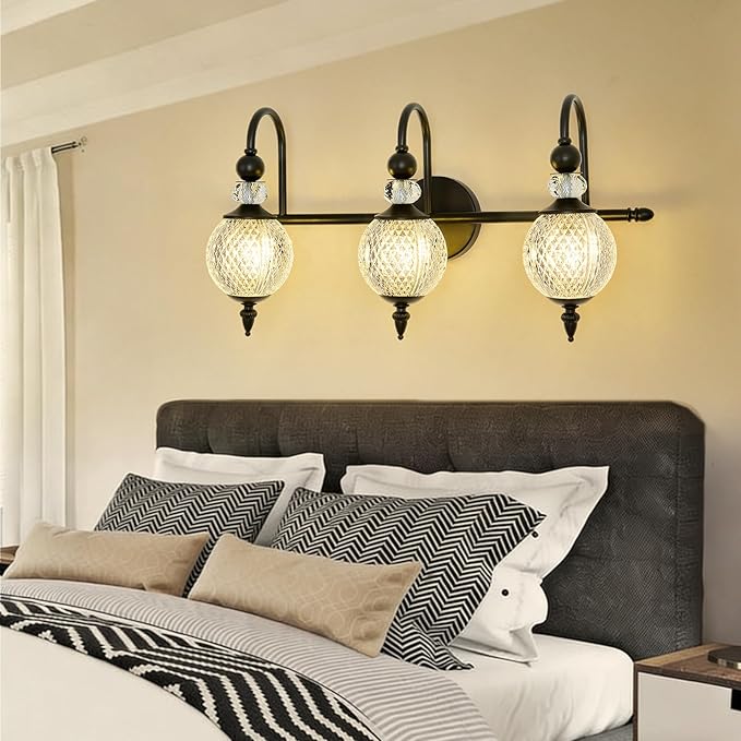 Vintage Vanity Light 3 Lights Black Bathroom Light Fixtures Over Mirror with Acrylic Globe Shade