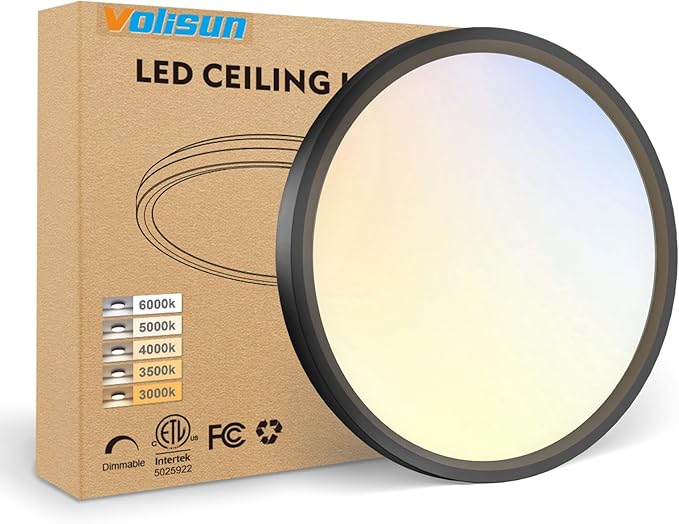 VOLISUN 5CCT LED Flush Mount Ceiling Light, 7 inch Dimmable Ultra-Thin LED Ceiling Light Fixture, 3000K-6500K Selectable, 15W LED Ceiling Lights for Bedroom, Kitchen, Closet and Hallway (1Pack, Black)