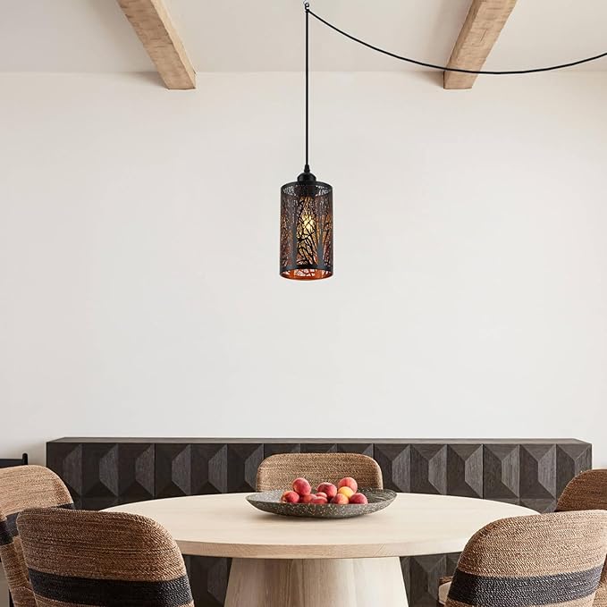 Industrial Black Plug in Pendant Light Vintage Mini Black Gold Hanging Lighting Rustic Hollow-Carved Cylinder Plug-in Pendant Light for Kitchen Island, Bedroom, Dining Room, Hallway
