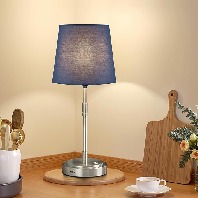 Cordless Table Lamps Set of 2 – Battery Operated Lamp with 7500mAh Rechargeable Battery, Stepless Dimmable Brushed Nickel Lamps with Blue Shade, Wireless Lamps for Dining Room (Bulbs Included)