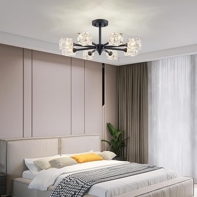 XINGQI 8 Lights Ceiling Light Fixture Farmhouse Semi Flush Mount Ceiling Light Industrial Black Glass Sputnik Chandelier for Bedroom Hallway Dining Room Powder Room