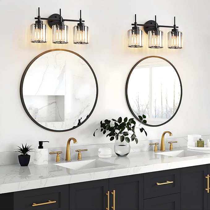 EJIAXIN 3 Light Black Crystal Vanity Light, Modern Bathroom Vanity Light Over Mirror, Up and Down Mount Wall Sconce Lighting for Bathroom Bedroom Living Room Hallway