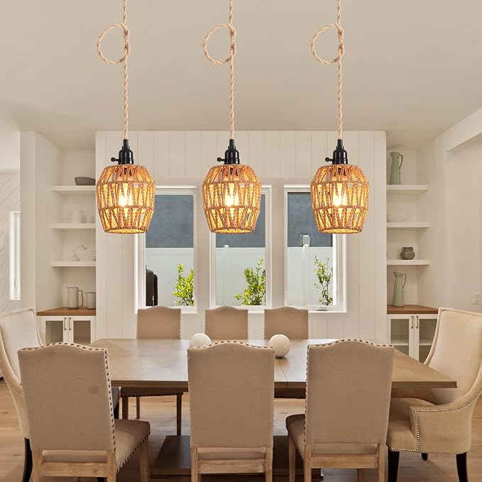 3 Light Plug in Pendant Light Rattan Hanging Lights with Switch 22FT Industrial Ceiling Light,Plug in Cord with Woven Hemp Rope Lamp Shade, Hanging Lamp Cord Farmhouse Cable DIY
