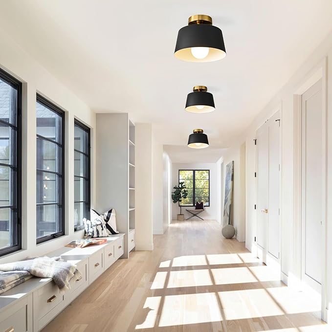 Modern Semi Flush Mount Ceiling Light 3 Pack,Metal Ceiling Light Fixture,E26 Ceramic Lamp Head,Black and Gold Ceiling Lamp for Hallway Kitchen Entryway Bedroom Laundry Room (10Inch)