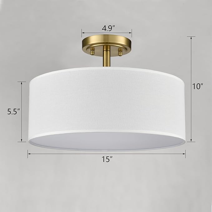 3-Light Gold Semi Flush Mount Ceiling Light Fixture, 15-Inch Drum Light Fixtures Modern Brass Close to Ceiling Light for Bedroom Hallway Living Room Kitchen