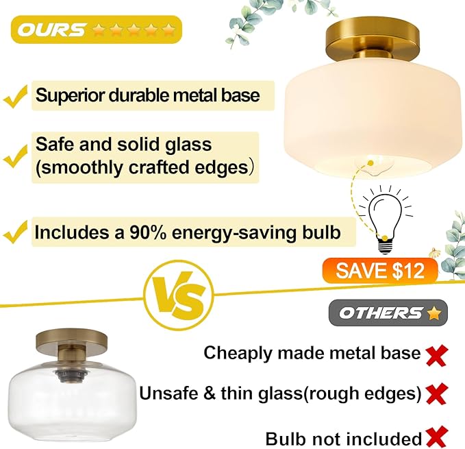 Lynnoland Industrial Semi Flush Mount Ceiling Light Brushed Gold, Milky White Glass Shade Ceiling Light Fixture,Brushed Gold Light Fixture for Hallway Bathroom Bedroom, Vintage Hanging Light Fixtures