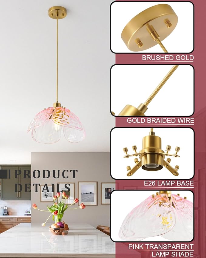 Vintage Gradient Pink Pendant Light,Bronze Pendant Lighting Fixture with Handmade Leaf Glass for Bedroom,Kitchen,Hallway,Entryway
