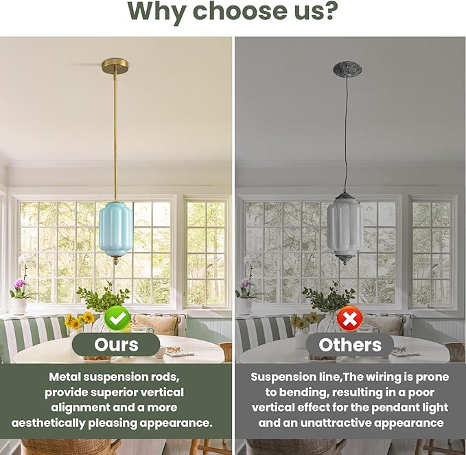 Vintage Blue Glass Pendant Lights 5.5 Inch Mid Century Brass Hanging Ceiling Light, Small Adjustable Height Kitchen Island Hanging Lights for Dining Room, Kitchen, Hallway and Bedroom, E12 Base