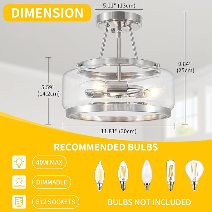 Brushed Nickel Modern Ceiling Lights 3-Light Hallway Light Fixtures Semi Flush Mount Kitchen Ceiling Lighting Drum Glass Entryway Chandelier for Bathroom Foyer Laundry Dining Room Bedroom