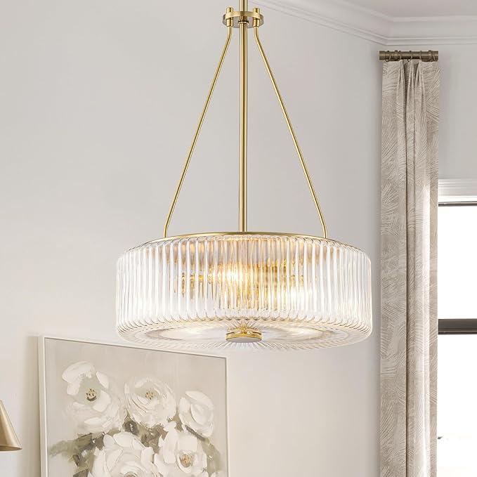 13.9 inch Gold Pendant Lights Kitchen Island,Mid-Century Modern Chandelier with Clear Striped Glass Shades,3-Light Round Dining Room Light Fixture for Living Room,Bedroom,Kitchen,Hallway,Bathroom