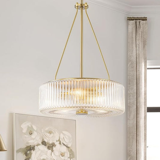 13.9 inch Gold Pendant Lights Kitchen Island,Mid-Century Modern Chandelier with Clear Striped Glass Shades,3-Light Round Dining Room Light Fixture for Living Room,Bedroom,Kitchen,Hallway,Bathroom