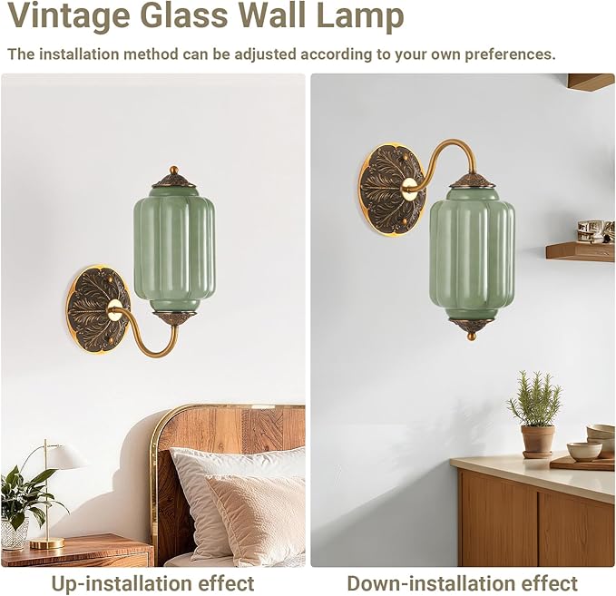 LOUSACE Antique Gold Wall Sconce with Green Milk Glass Shade, Vintage Brass Wall Light Fixture, Mid Century Restro Bathroom Vanity Light, Indoor Lighting for Bedroom Living Room Hallway