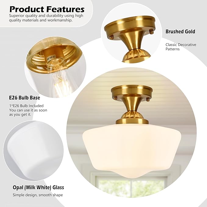 Brass Schoolhouse Light Fixture 12" Mid Century Light Fixture Milk Glass Light Fixtures School House Light Fixtures Ceiling Semi Flush Mount Ceiling Lights for Bedroom Bathroom (bulb Incl.