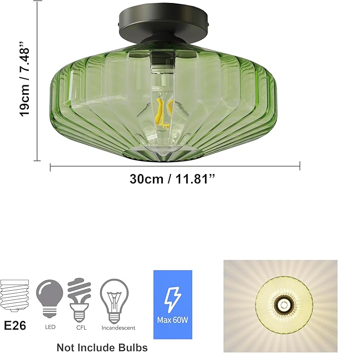 FCTWAKS Semi Flush Mount Ceiling Light, 11.8" Mid Century Modern 1-Light Close to Ceiling Light Fixtures with Drum Green Glass Shade for Bedroom Entryway Hallway Porch Foyer