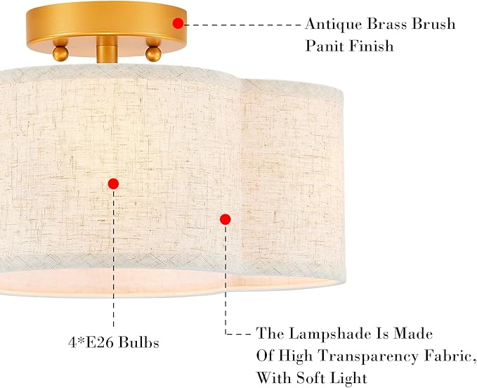 VILUXY Semi Flush Mount Ceiling Light Fixture, 4-Light Modern Ceiling Lights with Linen Shade Farmhouse Gold Close to Ceiling Light for Bedroom Hallway Nursery Entryway, UL Listed
