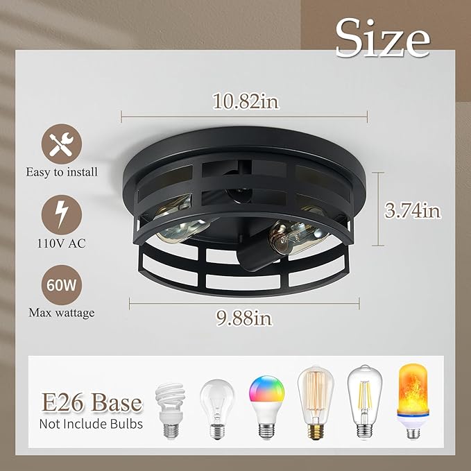 2-Light Black Flush Mount Ceiling Light Fixture,Light Fixtures Ceiling Mount for Hallway,Hall,Kitchen,Farmhouse (2 Pack)