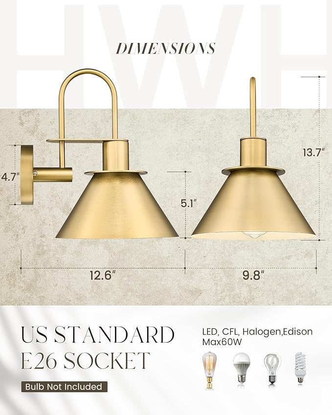 Brass Wall Sconce, HWH Modern Wall Light Sconces for Bedroom Bathroom, 1-Light Indoor Wall Light Fixtures with Metal Shade, White Interior, Gold Finish, 5HZG56BL BG