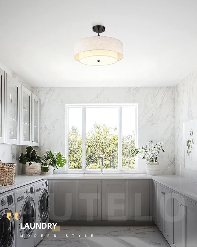 AUTELO Black Semi Flush Mount Ceiling Light, 3-Light 18" Flush Mount Ceiling Light in Black Finish with Drum Fabric Shade for Hallway Bedroom Kitchen, C2506 BK-18