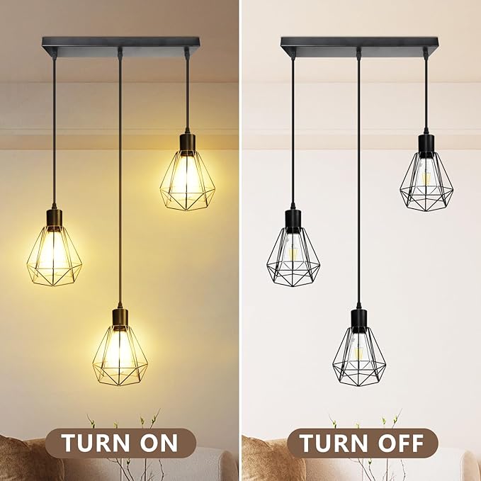 LTBLIGHT 3-Light Black Pendant Light Fixture, Industrial Hanging Lighting with 1.2m Adjustable Cord, Ceiling Lamp for Kitchen Bedroom Hallway Dining Room E26 Base (Bulb Not Included)