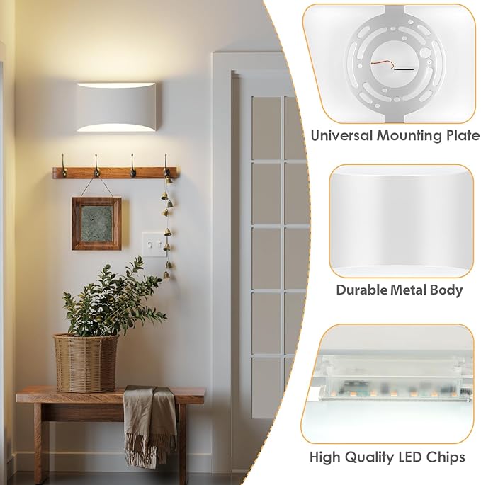 FOLKSMATE Modern LED Wall Sconces Set of 2, 3000K Warm White Up and Down Mount Light, White Large Interior Wall Lights Hardwired Lamp for Indoor Living Room Bedroom Hallway Basement Stairway