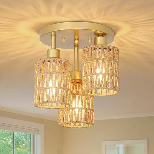 3-Lights Boho Light Fixtures - Farmhouse Rattan Light Fixture with Woven Cage Shade, Gold Semi Flush Mount Ceiling Lights for Bedroom, Kitchen, Hallway