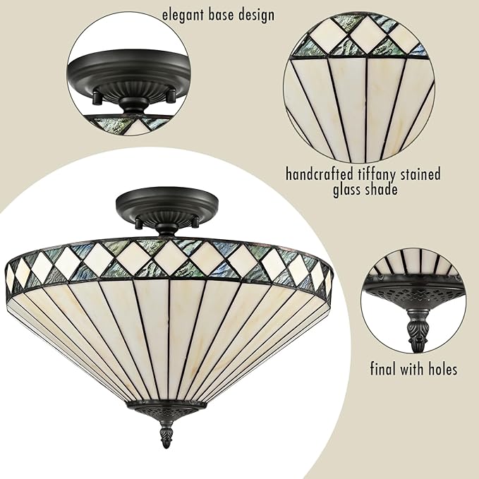 DEYNITE Tiffany Style Ceiling Light Stained Glass Shade, 3-Light Black Semi-Flush Light Fixture 16 Inches for Bedroom Hallway Dining-Dimmable, E26 Base