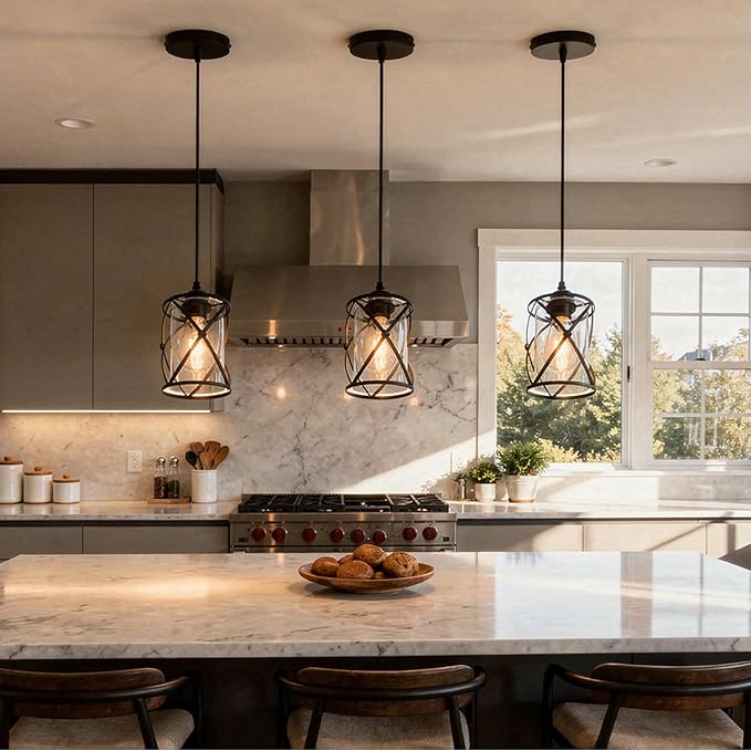 3 Light Pendant Lighting, Farmhouse Hanging Light Fixture for Kitchen Island & Dining Room, Industrial Vintage Ceiling Lamp with E26 Base, Adjustable Height, Matte Black with Glass Shades