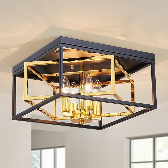 Square Ceiling Light, 4-Light Flushmount Modern Close to Ceiling Light Fixture for Living Room, Bedroom, Dining Room, L13 x W13 x H7 inch, Black & Gold Finish Frame