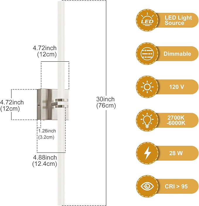 Bathroom Light Fixtures, Brushed Nickel 28W LED 360° Full Lighting Modern Wall Sconce Vanity Light with 5-Color Dimmable 3000K-6000K, 29.92inch Vanity Lighting for Bath, Bedroom, Hallway