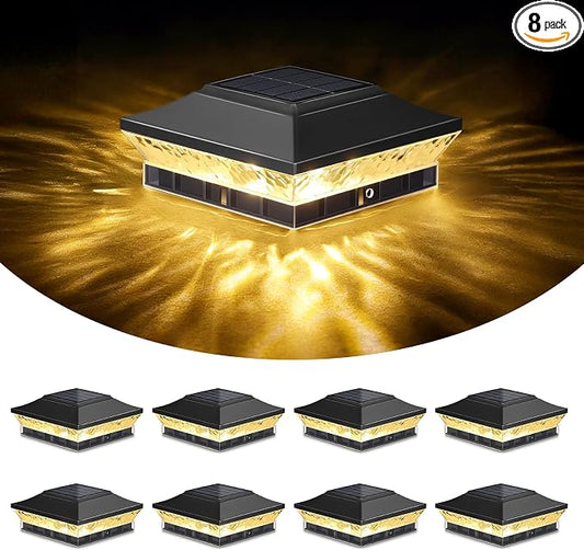 Solar Post Cap Lights Outdoor 8-Pack, Waterproof Solar Fence Post Lights Fit for 3.5x3.5 4x4 Wood/Vinyl Posts, Solar Powered Deck Post Lights with 2 Modes(Warm/Cool White), Ideal for Patio, Black