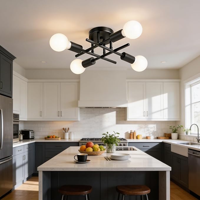 4-Light Semi Flush Mount Ceiling Light Fixture, Black Sputnik Modern Farmhouse Close to Ceiling Chandelier Lighting for Bedroom, Dining Room, Kitchen, Living Room, Matte Black E26 Base