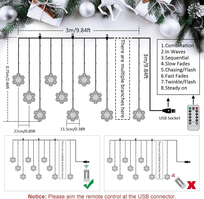 BLOOMWIN Christmas Fairy Curtain Lights 9.8ft Snowflake Lights USB Christmas Indoor Decorations 204LEDs Twinkle Lights with Remote for Bedroom Xmas - Cool White