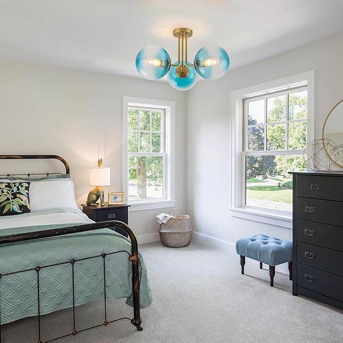 Lingkai Brass Gold Semi Flush Mount Ceiling Light,3-Lights Mid Century Modern Light Fixtures Ceiling Globe Glass Gold Sputnik Chandelier with Gradient Blue Shade for Living Room Bedroom Hallway