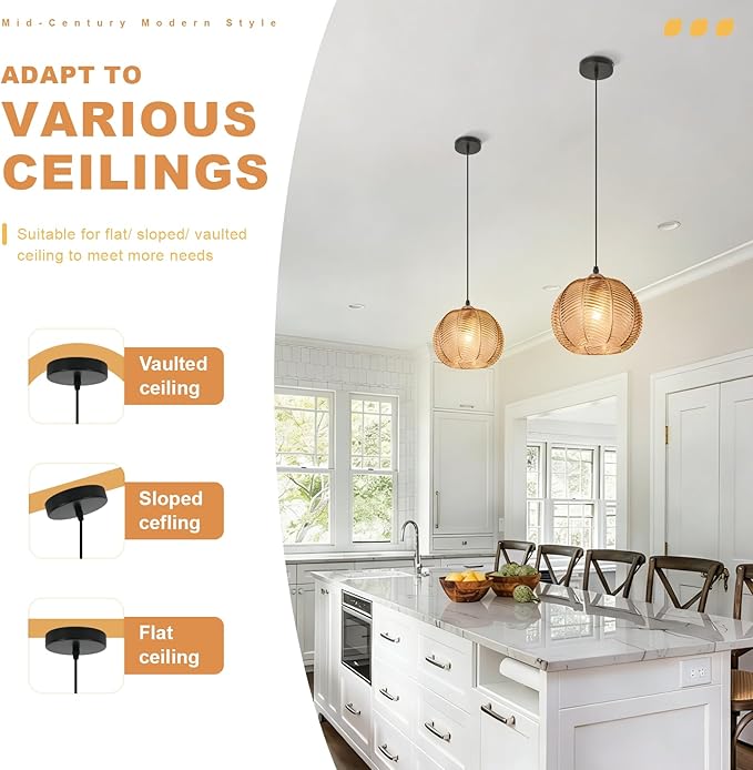 Amber Glass Pendant Lights Kitchen Island Lighting 1-Light Farmhousde Ribbed Globe Pendant Light Fixture Adjustable Gold Ceiling Hanging Lamp for Kitchen Island Dining Room Bedroom Living Room