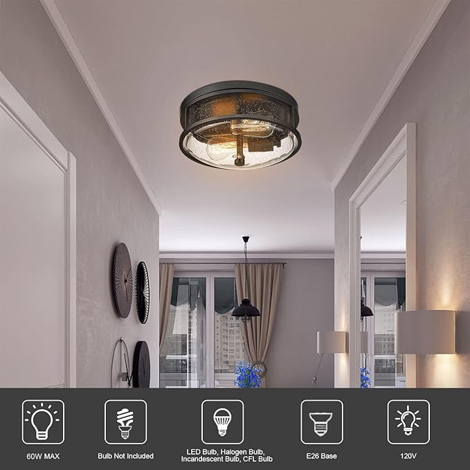 Flush Mount Ceiling Light Fixture, 12 Inch 2-Light Modern Farmhouse Semi Ceiling Light with Seeded Glass for Bedroom, Entryway, Kitchen, Hallway, ROS88 BK