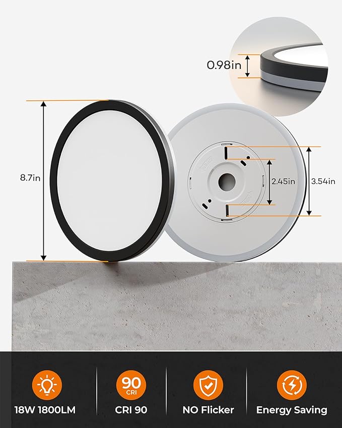Matane Dimmable LED Flush Mount Ceiling Light Fixture with Night Light, 8.7inch 1800LM 3000K/4000K/5000K Selectable, Low Profile Ceiling Light for Hallway Kitchen Bedroom, Round Black