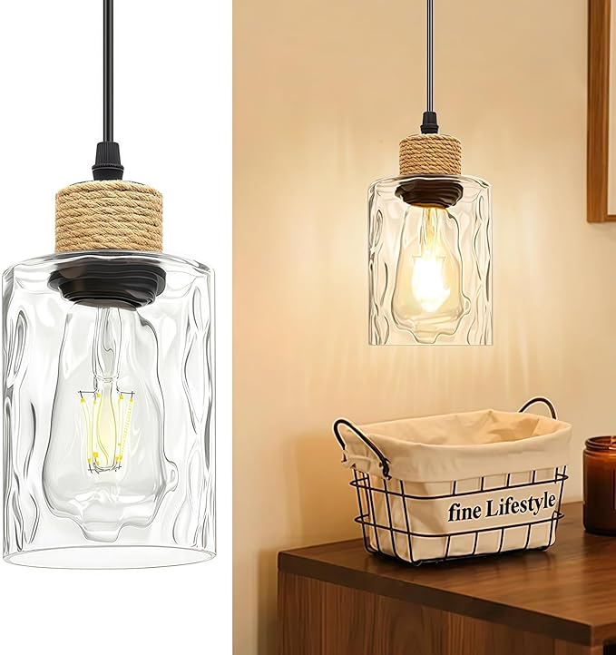 1 Pack Farmhouse Water Ripple Glass Pendant Light for Kitchen Island, Black Hanging Light Fixture, E26 Mini Pendant Lighting for Living Room, Bedroom, 41" Adjustable Cord, Bulb Not Included