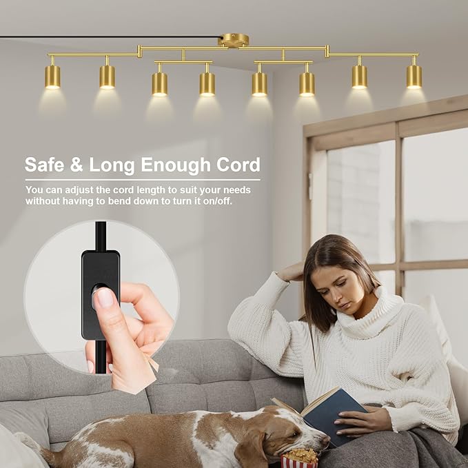 Plug in Track Lighting LED, Track Lighting Fixtures Ceiling, Gold 8-Light Kitchen Light Kit, Plug in Wall Light with 14.8ft Power Cord, Rotatable Ceiling Spotlight for Bedroom(GU10 Socket, NO Bulb)